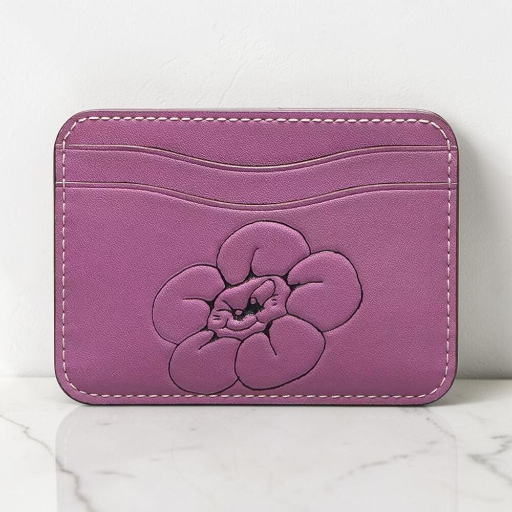 Coach Coachtopia Wavy Card Case Leather Flower Lilac Berry CQ868 Wallet New